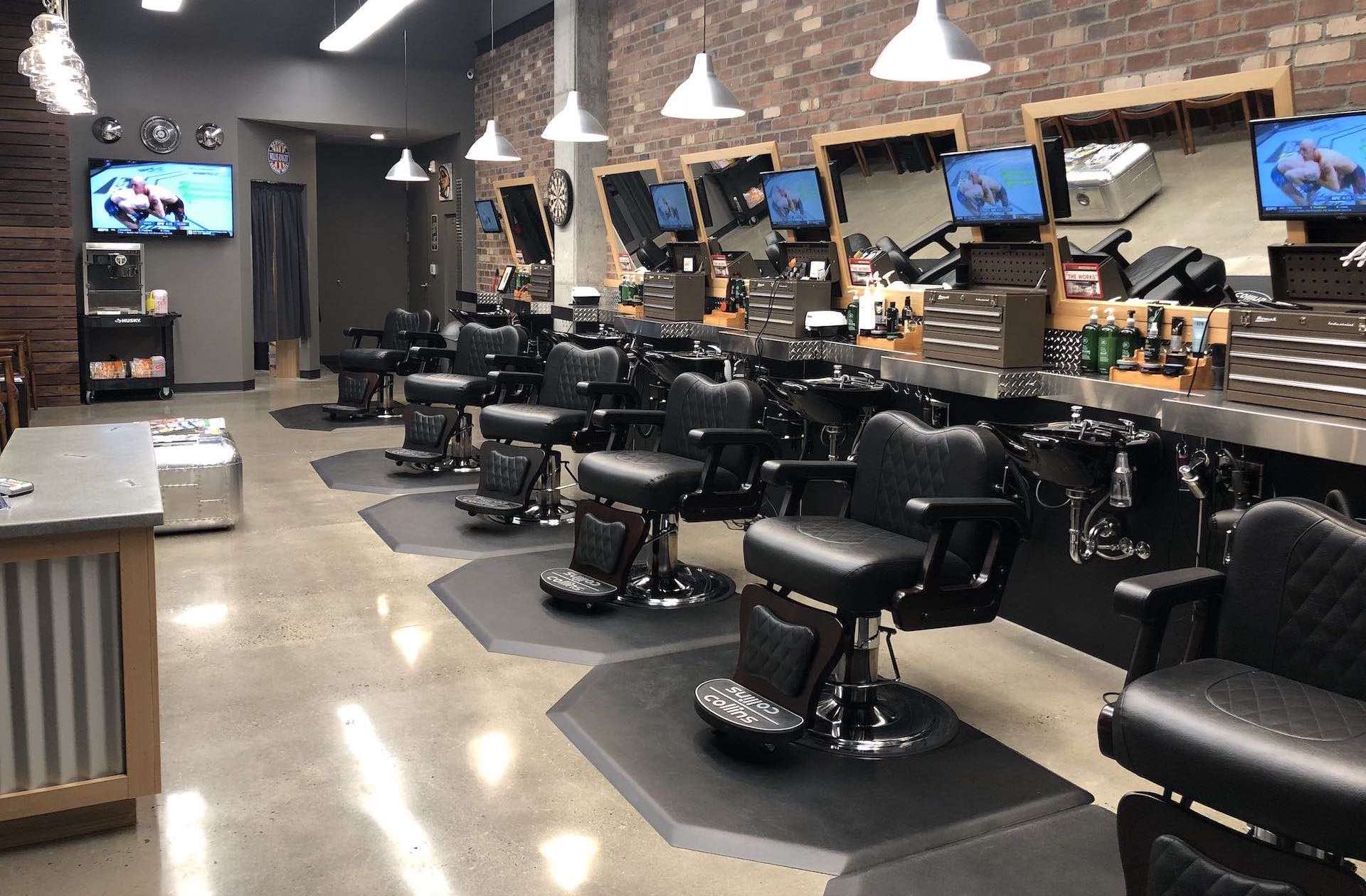 Illustrated contemporary barbershop interior with barber chair and styling station